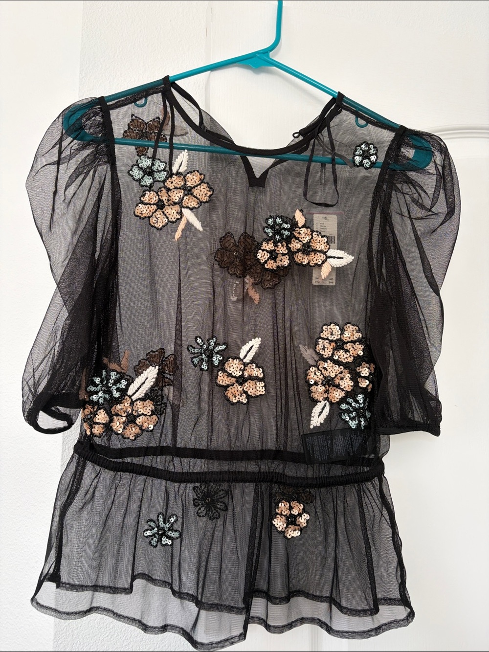 Anthropologie Black Sheer Floral Sequin Peplum Blouse